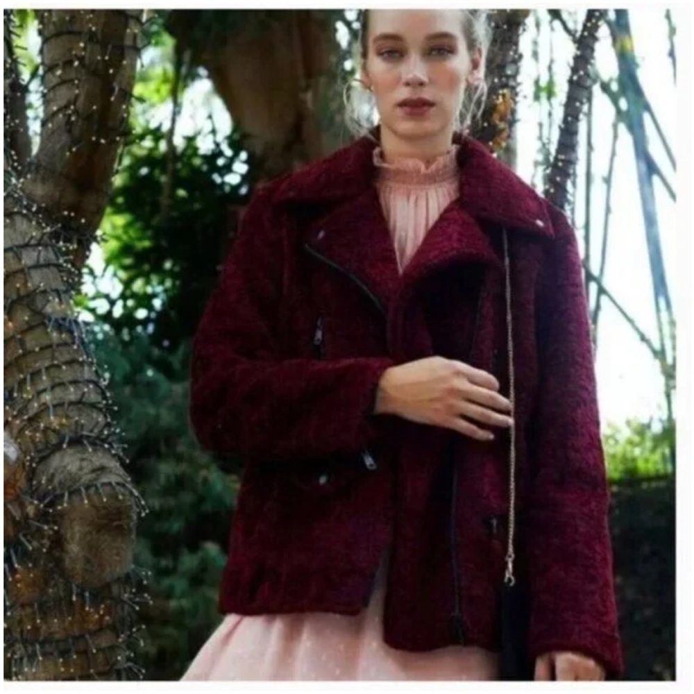 NWOT‎ Avec Les Filles Burgundy Faux Shearling Biker Jacket Oversized Size Small